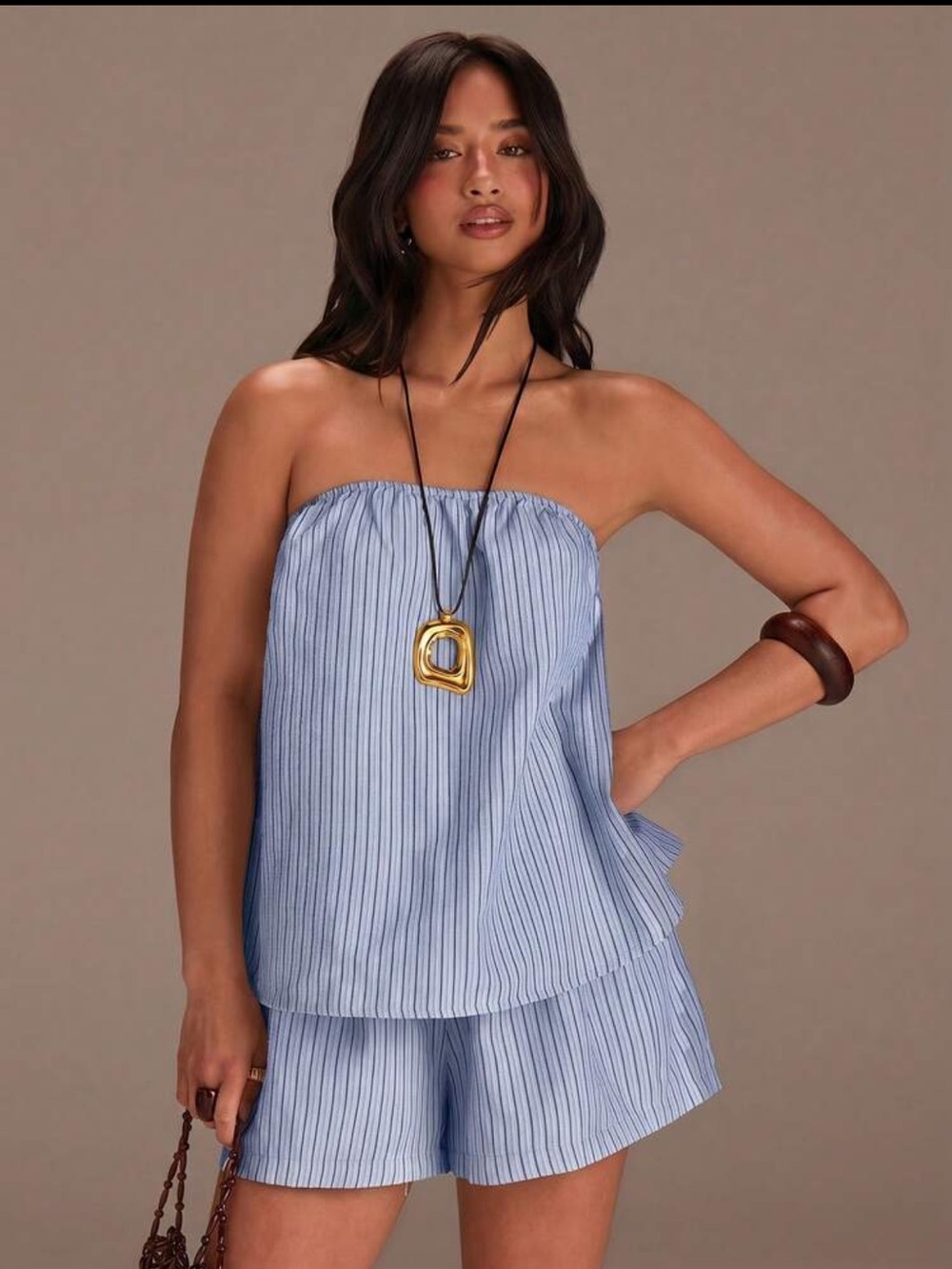Striped Light Blue Bandeau Top & Shorts Set